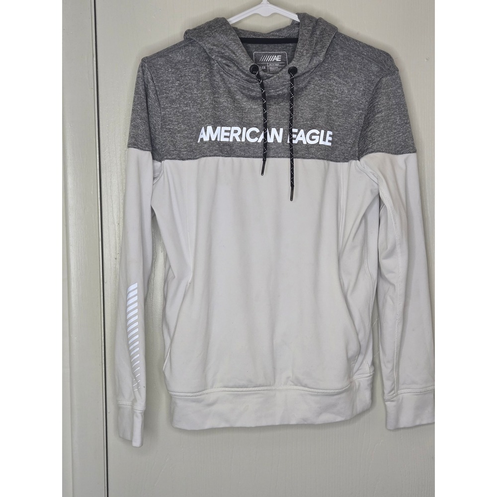 American Eagle Flex Hoodie Womens XS Gray White Colorblock Logo Sweatshirt VTG